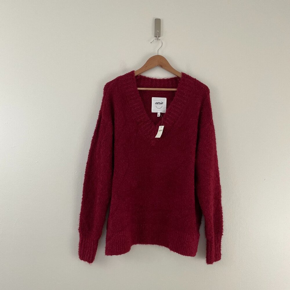 Aerie Teddy Boucle Oversized Knit Sweater in Maroon Size Small